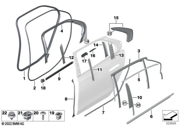 Guía de la ventana puerta trasera izquierda para BMW Serie 7 G70 (OEM 51359447425). Original BMW