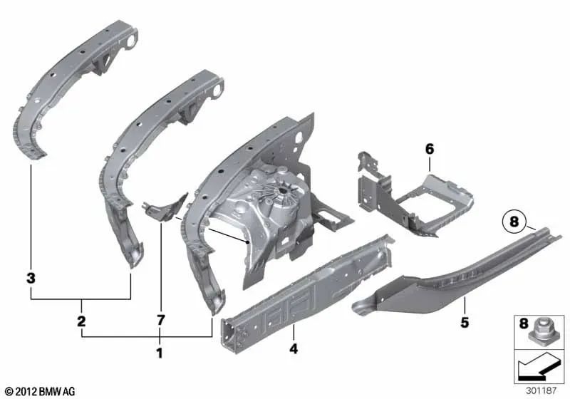 Conexión paso de rueda/entrada izquierda para BMW Serie 5 F07, F10, F11, F18, Serie 6 F06, F12, F13, Serie 7 F01, F02, F04 (OEM 41107204057). Original BMW.