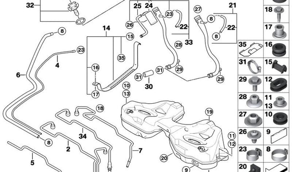 Manguito de goma ovalado OEM 16111184870 para BMW G20, G21, F07, F10, F11, F18, F06, F12, F13, E65, E66. Original BMW.