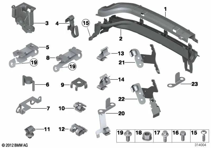 Soporte para el cableado para BMW E82, E88, F87N, E92N, E93N, F30, F34, F35, F35N, F32, F33, F07, F10, F11, F18, F06, F12, F13, F01N, F02N, E84, F25 (OEM 12527591949). Original BMW.