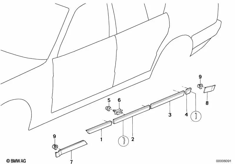 Front left door moulding for BMW 5 Series E34 (OEM 51131934177). Original BMW.