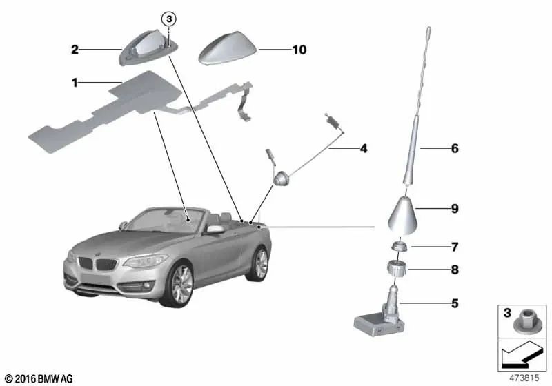 Adaptador pie de antena con junta para BMW Serie 2 F23, F23N (OEM 65209277825). Original BMW