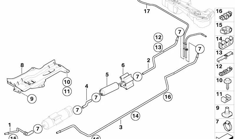 Línea de suministro de combustible trasera para BMW Serie 3 E46 (OEM 16126760929). Original BMW