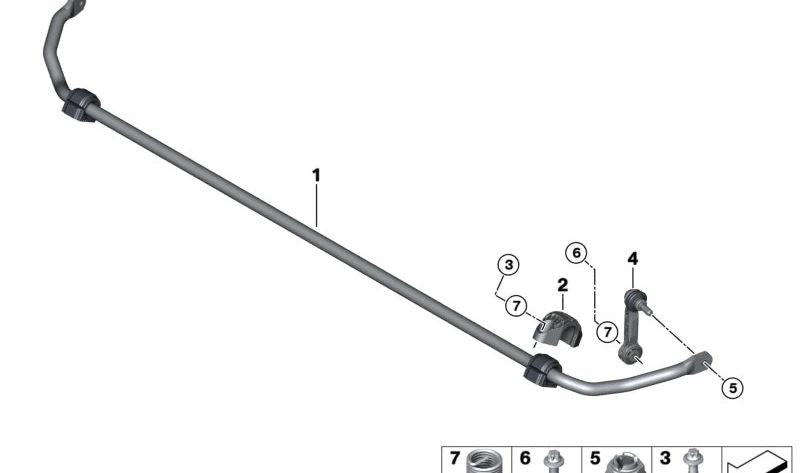 Soporte estabilizador trasero OEM 33506862203 para BMW {F40, F52, F44, F45, F46, G42, U06, G20, G21, G22, G23, G26, F48, F49, F39}. Original BMW.