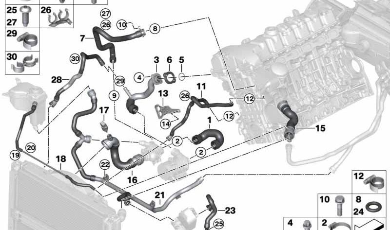 Tubo del termostato della pompa di refrigerante OEM 11537521049 per BMW E81, E82, E87, E88, E90, E91, E92, E93, E60, E61, E63, E64, E65, E66, E84, E83, E70, E85, E86, E86. BMW originale.