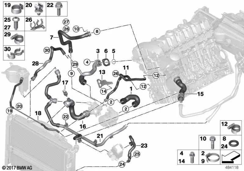 Tubería de alimentación del motor a la bomba de refrigerante para BMW E81, E82, E87, E88, E90, E91, E92, E93, E60, E61, E63, E64, E65, E66, E84, E83N, E85, E86, E89 (OEM 11537516414). Original BMW