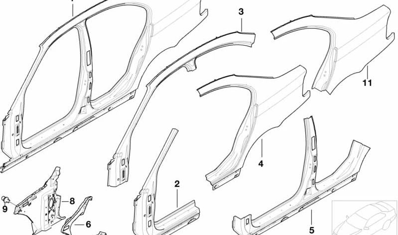 Panel lateral izquierdo OEM 41217062571 para BMW E46. Original BMW.