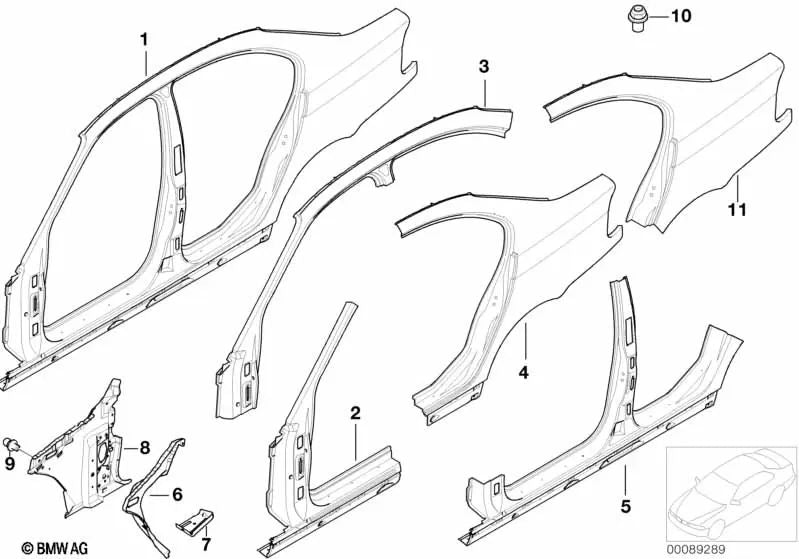 Sección trasera del panel lateral izquierdo para BMW Serie 3 E46 (OEM 41217057389). Original BMW