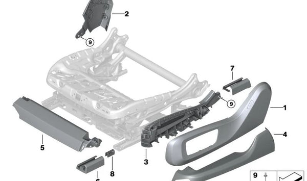 Cubierta interior izquierda del asiento OEM 52107405745 para BMW F90, G30, G31, G38, G32, G11, G12. Original BMW.