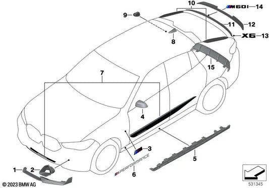 Alerón delantero de carbono derecho para BMW X6 G06N (OEM 51195A4DF00). Original BMW.