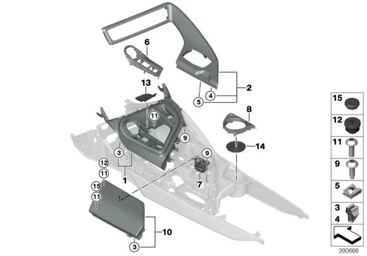 Pieza de Consola Central para BMW I12N, I15 (OEM 51166995555). Original BMW