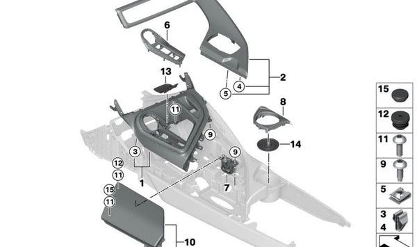 Cubierta de la consola central para BMW I12, I15 (OEM 51169284732). Original BMW