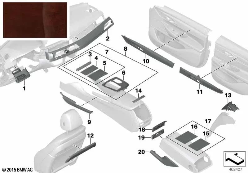 Blenda lateral raíz de fresno izquierda para BMW G11, G11N, G12, G12N (OEM 51167989223). Original BMW