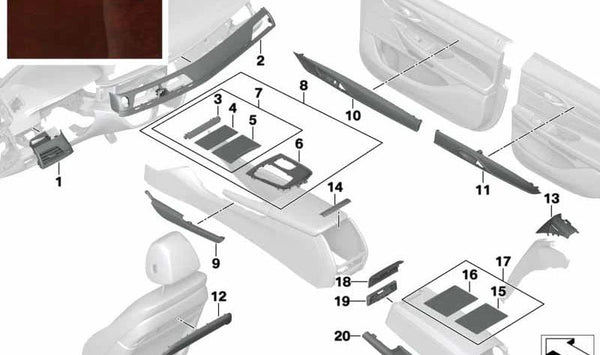 Blende I-Tafel Esche Maser derecha para BMW G11, G11N, G12, G12N (OEM 51457992680). Original BMW