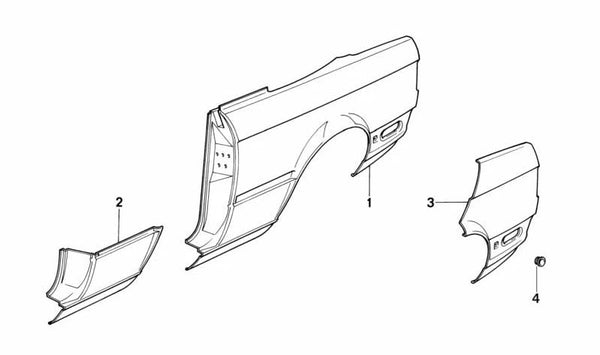 Sección parcial de la pared lateral trasera izquierda para BMW Serie 3 E30 (OEM 41351937995). Original BMW.