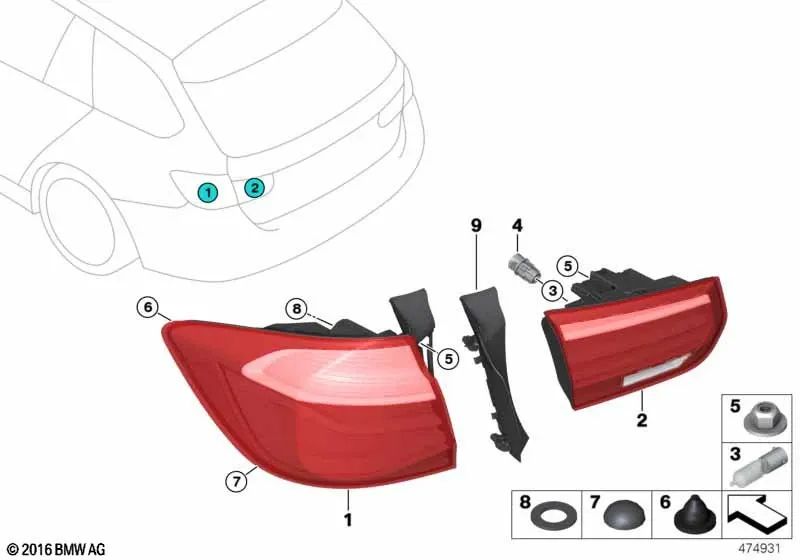 Right fender taillight for BMW 3 Series F31N (OEM 63217372210). Original BMW.