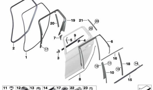 Rear right door window frame trim for BMW G31, G31N (OEM 51357390164). Original BMW