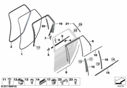 Cubierta del marco de la ventana trasero izquierdo para BMW Serie 5 G31, G31N (OEM 51357385071). Original BMW