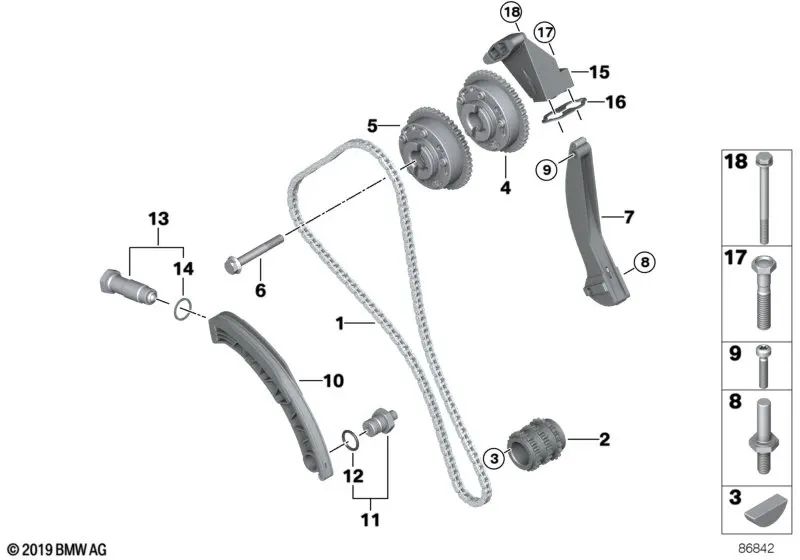 Guía de tensión para BMW Serie 5 E60, E60N, E61, E61N; Serie 6 E63, E63N, E64, E64N; Serie 7 E65, E66; X5 E53, E70 (OEM 11317533462). Original BMW