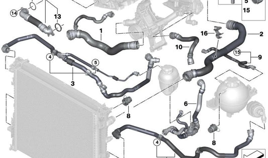 Tubo del módulo de succión del radiador de refrigerante para BMW G01N, G02N (OEM 17129845508). Original BMW