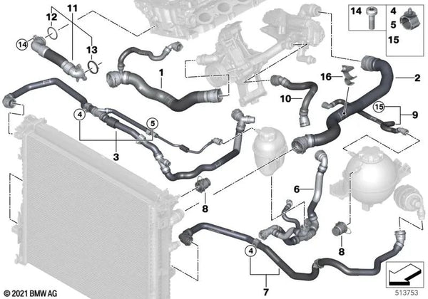 Manguera Módulo de Gestión Térmica para BMW X3 G01N, X4 G02N, X5 G05, G18 (OEM 17128742649). Original BMW.