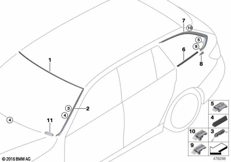 Sellado de ventanilla lateral trasera izquierda para BMW Serie 3 F31, F31N (OEM 51377496145). Original BMW