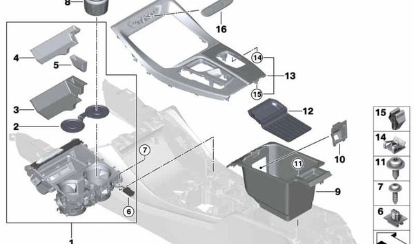 Compartimento para bebidas en la consola central para BMW X3 F97, G01, G08, G08E, X4 F98, G02 (OEM 51165A010B0). Original BMW