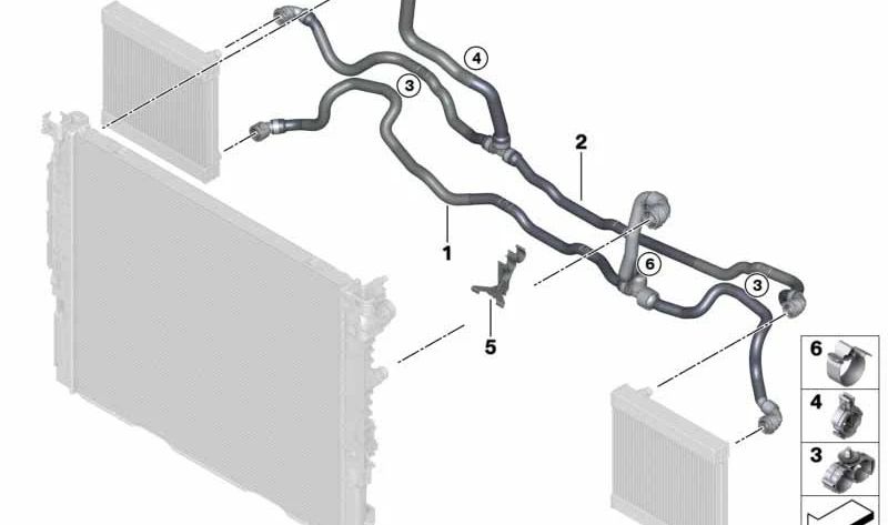 Manguera de radiador de refrigerante externo para BMW Serie 5 G30, G30N, Serie 6 G32, G32N, Serie 7 G11, G12, Serie 8 G14, G15, G16 (OEM 17128602863). Original BMW