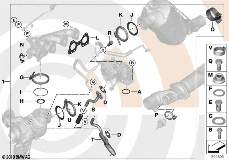 Kit de Montaje Turbocompresor de Escape Baja Presión para BMW Serie 4 F32, F33, F36 (OEM 11655A263B9). Original BMW.