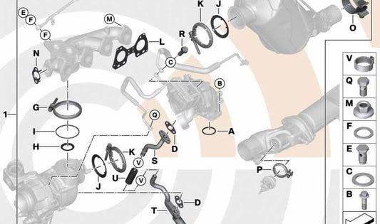 Kit de montagem turbo de baixa pressão 11655A26399 para BMW F20, F21, F22, F23, F30, F31, F34, F32, F33, F36, G30, G31, G11, G12, G01, G02. BMW original.