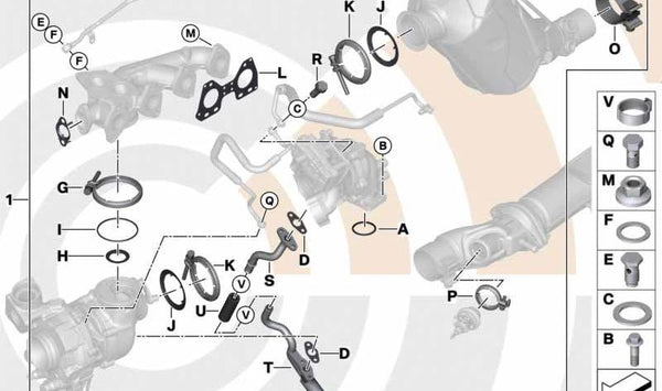 Kit de montaje turbo de baja presión OEM 11655A26399 para BMW F20, F21, F22, F23, F30, F31, F34, F32, F33, F36, G30, G31, G11, G12, G01, G02. Original BMW.