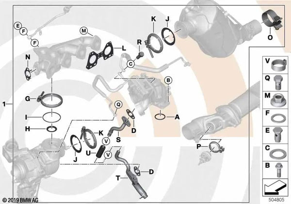 Kit de montaje del turbocompresor para BMW X1 F48, F49N (OEM 11655A62A94). Original BMW.