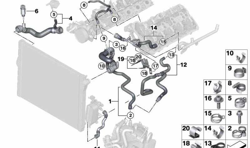 Manguera de refrigerante OEM 17127595251 para BMW F07, F10, F11, F06, F12, F13, F01, F02, F04. Original BMW.