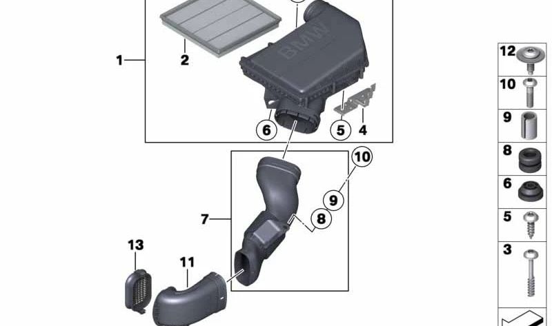 Soporte Amortiguador de Ruido de Admisión para BMW Serie 5 F07, F10, F11, F18, Serie 6 F06, F12, F13, Serie 7 F01N, F02N, X3 F25, X4 F26, X5 E70N, F15, X6 E71, F16 (OEM 12527574100). Original BMW