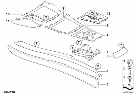 Moldura decorativa de aluminio para consola central izquierda para BMW X5 E70, E70N, X6 E71, E72 (OEM 51166969533). Original BMW