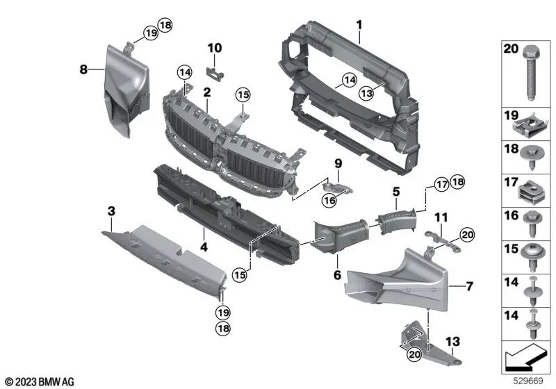 Soporte de la guía de aire derecha para BMW G42, G87, G20, G20N, G21, G21N, G28, G28N, G22, G23, G26 (OEM 51647434062). Original BMW.