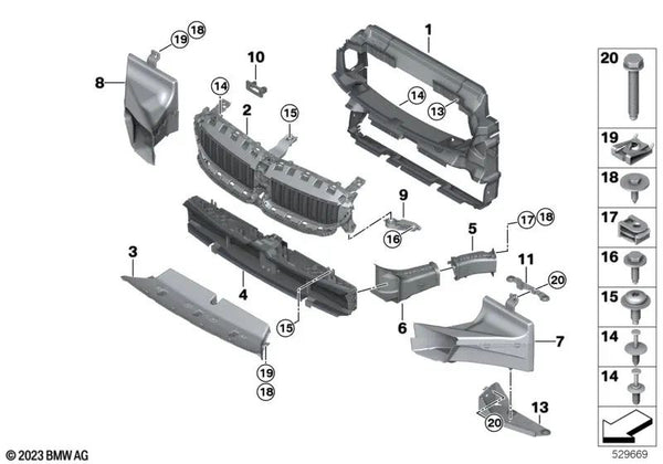 Soporte de la guía de aire derecha para BMW G42, G87, G20, G20N, G21, G21N, G28, G28N, G22, G23, G26 (OEM 51647434062). Original BMW.