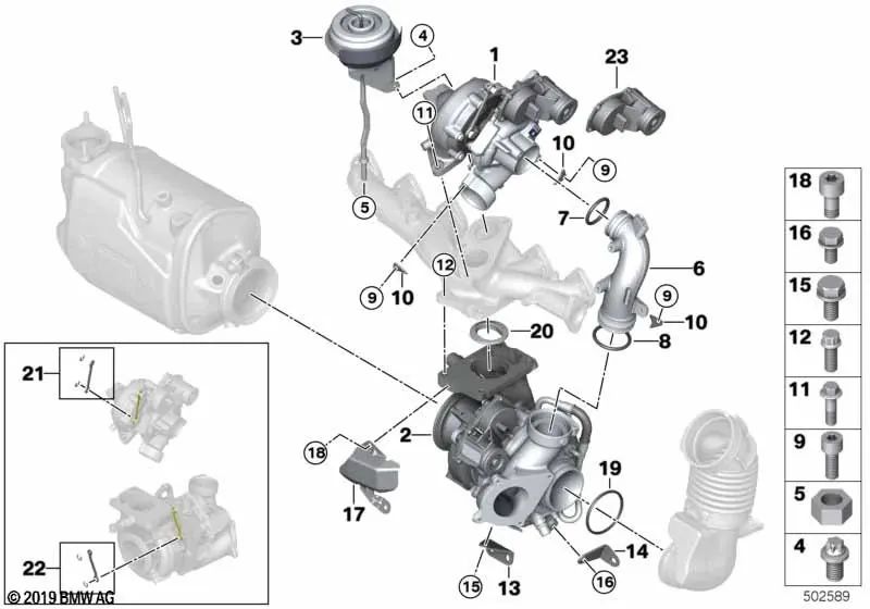 Apoyo del turbocompresor para BMW Serie 5 G30, G31, Serie 6 G32, Serie 7 G11, G11N, G12, G12N, Serie 8 G14, G15, G16, X3 G01, G01N, X4 G02, G02N (OEM 11658570246). Original BMW.