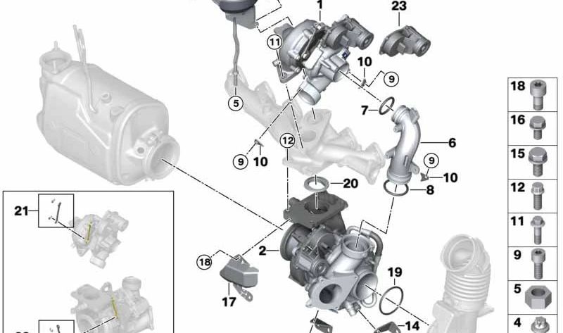 Soporte del Turbocompresor de Escape para BMW Serie 5 G30, G31, Serie 6 G32, Serie 7 G11, G12, Serie 8 G14, G15, X3 G01, X4 G02 (OEM 11658570245). Original BMW