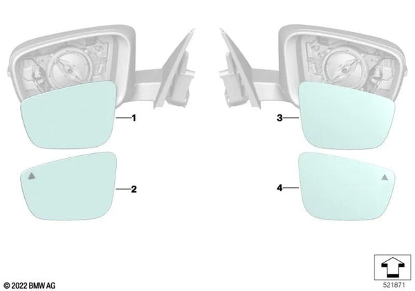 Cristal de espejo calefactado gran angular derecho para BMW G42, G87, G20, G20N, G21, G21N, G28, G28N, G80, G81, G22, G23, G26, G82, G83 (OEM 51169492756). Original BMW