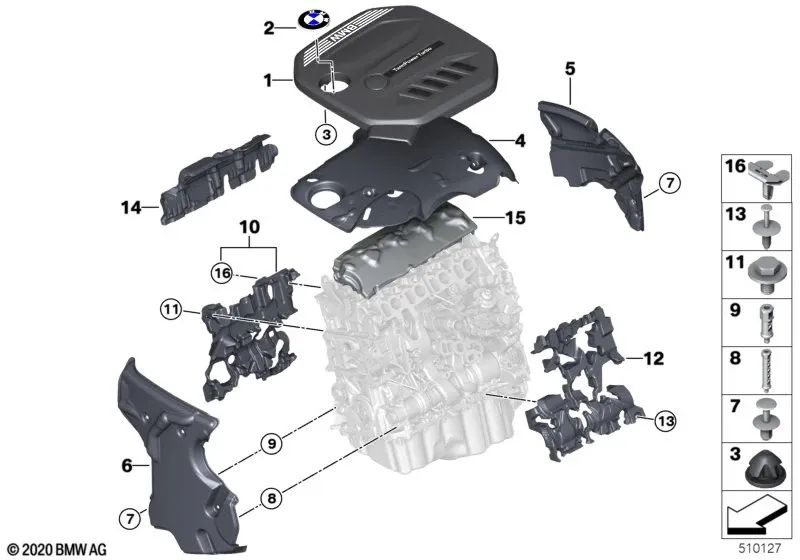 Cubierta acústica trasera para BMW G42, G20, G21, G28, G22, G23, G26, G30, G31, G32, G01, G02, G05 (OEM 11148580385). Original BMW