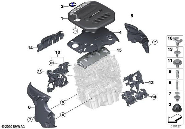 Cubierta acústica izquierda para BMW G42, G20, G21, G28, G22, G23, G26, G30, G31, G32, G01, G02, G05 (OEM 11148579936). Original BMW