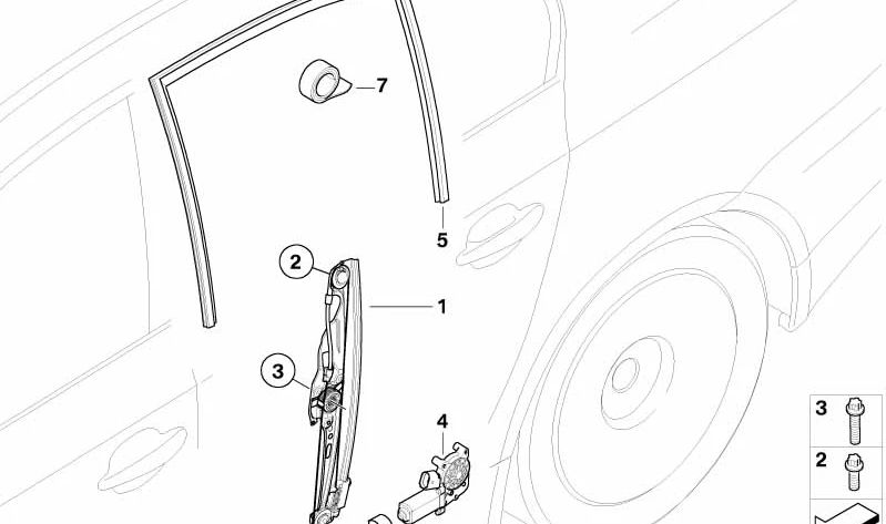 Guía de la ventana trasera izquierda para BMW Serie 5 E60, E60N (OEM 51357033805). Original BMW