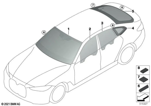 Cristal lateral puerta trasera izquierda para BMW Serie 4 G26 (OEM 51357955235). Original BMW