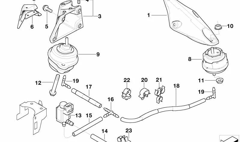 Soporte de motor izquierdo OEM 22116750861 para BMW E46, E85, E86. Original BMW.