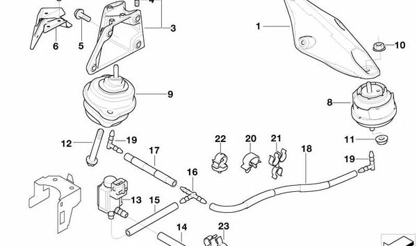 Soporte de motor izquierdo OEM 22116750861 para BMW E46, E85, E86. Original BMW.