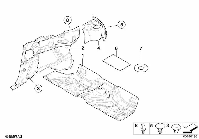 Rear floor sound insulation for BMW 3 Series E46 (OEM 51488233305). Original BMW.