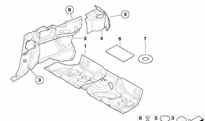 Aislante acústico paso de rueda trasero derecho OEM 51488236278 para BMW E46. Original BMW