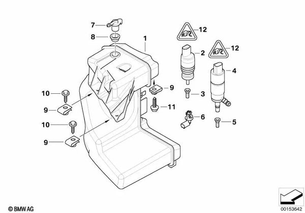 Depósito del sistema de lavado de parabrisas para BMW E46 (OEM 61677892702). Original BMW.