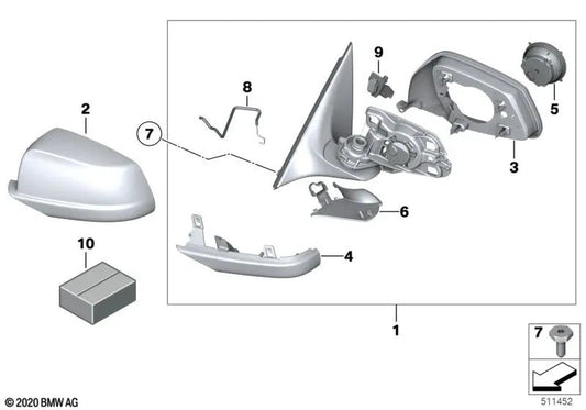 Espejo exterior sin cristal calefactado izquierdo para BMW F10, F11 (OEM 51167283527). Original BMW